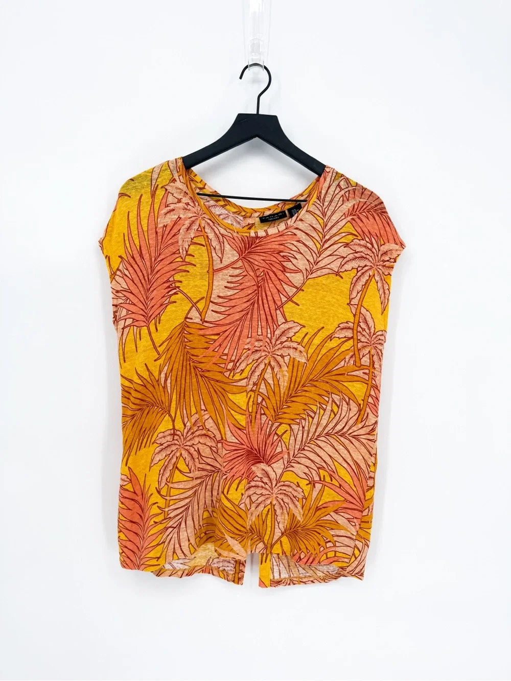 Tahari 100% Linen Tropical Palm Print Top Button Back Yellow XL